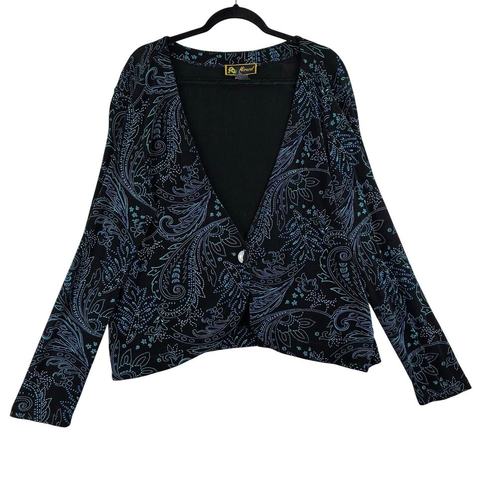 VTG Mirasol One Button Acetate Cardigan Women’s XL Blue Black Paisley Slinky USA